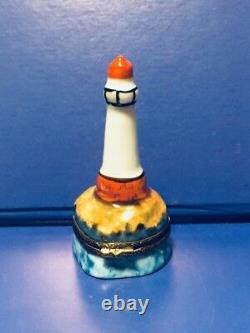 Limoges France Peint Main Porcelain Hinged Trinket Box. Lighthouse With Windows