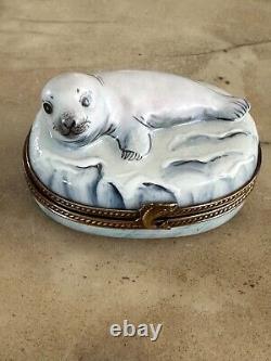 Limoges France Peint Main Porcelain Trinket Box Baby Seal on Ice