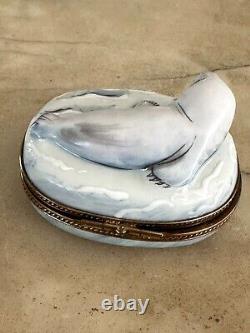 Limoges France Peint Main Porcelain Trinket Box Baby Seal on Ice