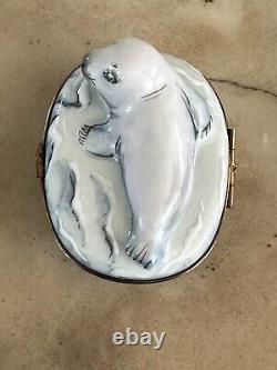 Limoges France Peint Main Porcelain Trinket Box Baby Seal on Ice