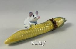 Limoges France Peint Main RAP Porcelain Mouse with Corn Trinket Box