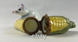 Limoges France Peint Main RAP Porcelain Mouse with Corn Trinket Box