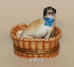 Limoges France Peint Main RAP Trinket Box Pug Puppy Dog in Wicker Bed