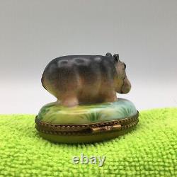 Limoges France Peint Main Rochard Porcelain Hippo By The Waterfront Trinket Box