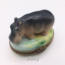 Limoges France Peint Main Rochard Porcelain Hippo By The Waterfront Trinket Box