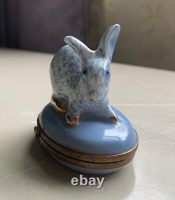 Limoges France Peint Main Trinket Box Blue Bunny Rabbit Herend Style Rare