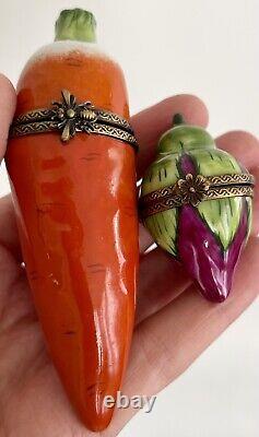 Limoges France Peint Main Trinket Box Carrot Eggplant Fig Vegetable Rochard LOT