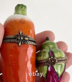 Limoges France Peint Main Trinket Box Carrot Eggplant Fig Vegetable Rochard LOT
