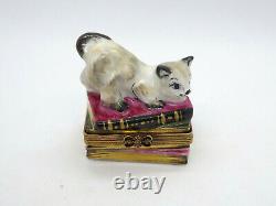 Limoges France Peint Main Trinket Box Cat on Books