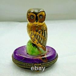 Limoges France Peint Main Trinket Box Magnificent Owl Brilliant Colours