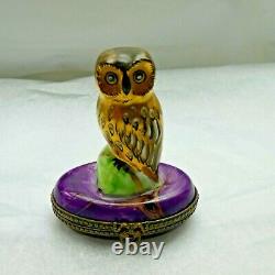 Limoges France Peint Main Trinket Box Magnificent Owl Brilliant Colours