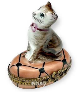 Limoges France Peint Main Trinket Box P V Marque Brown Tabby Cat Euc Htf