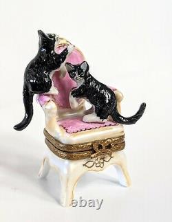 Limoges France Peint Main Trinket Ring Box Black Cats Playing on Pink Chair
