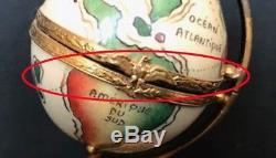 Limoges France Peint Main World Globe on Stand Trinket Box Signed A. C