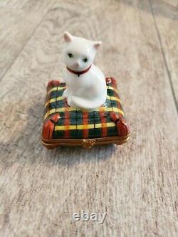 Limoges France Peint Main trinket box, collectable, white cat on pillow