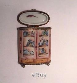 Limoges France Peint a la main BOOKCASE WITH BOOKS Rare Hinged Trinket Box