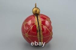 Limoges France Porcelain Ornament Trinket Box Christmas Ball Red Gold Peint Main