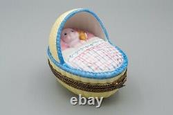 Limoges France Porcelain Trinket Box Charmart Baby in Crib Teddy Bear Peint Main