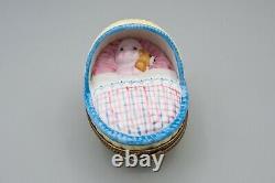 Limoges France Porcelain Trinket Box Charmart Baby in Crib Teddy Bear Peint Main