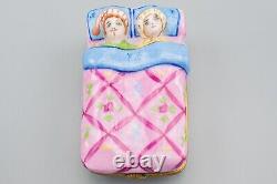 Limoges France Porcelain Trinket Box Couple in Bed Pink Blue Flowers Peint Main