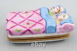 Limoges France Porcelain Trinket Box Couple in Bed Pink Blue Flowers Peint Main