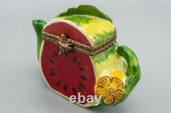 Limoges France Porcelain Trinket Box Imports Watermelon Teapot Flower Peint Main