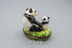 Limoges France Porcelain Trinket Box Panda Bear & Cub Playing Bamboo Peint Main