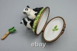 Limoges France Porcelain Trinket Box Panda Bear & Cub Playing Bamboo Peint Main