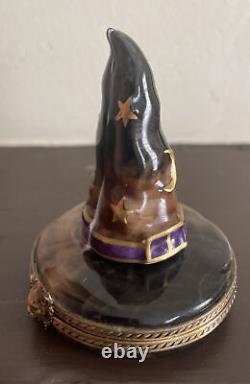 Limoges France Porcelain Trinket Box Peint Main Halloween Witch Hat Vintage