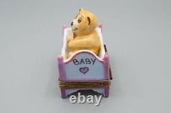 Limoges France Porcelain Trinket Box Teddy Bear Baby Crib Pink Peint Main Marque
