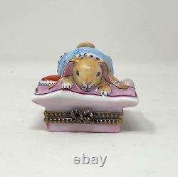 Limoges France RCM Peint Main Bunny Rabbit On Pillow WithPacifier Trinket Box HTF