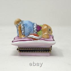 Limoges France RCM Peint Main Bunny Rabbit On Pillow WithPacifier Trinket Box HTF