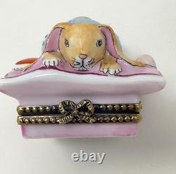 Limoges France RCM Peint Main Bunny Rabbit On Pillow WithPacifier Trinket Box HTF