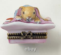 Limoges France RCM Peint Main Bunny Rabbit On Pillow WithPacifier Trinket Box HTF