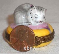 Limoges France ROCHARD Hand Painted Small Trinket Box Cat Sleeping Pink Pillow