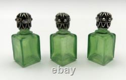 Limoges France Rehausse Main Porcelain Floral Perfume Box 3 Green Glass Bottles