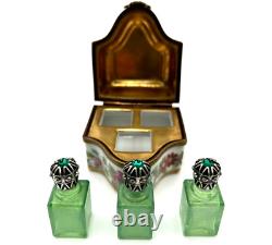 Limoges France Rehausse Main Porcelain Floral Perfume Box 3 Green Glass Bottles