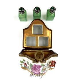 Limoges France Rehausse Main Porcelain Floral Perfume Box 3 Green Glass Bottles