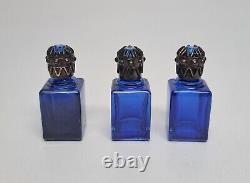 Limoges France Rehausse Porcelain Floral Perfume Box & 3 Blue Glass Bottles