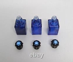 Limoges France Rehausse Porcelain Floral Perfume Box & 3 Blue Glass Bottles