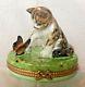 Limoges France -rochard- Hand Painted Kitten Playing With Butterfly Trinket Box
