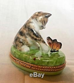 Limoges France -Rochard- Hand Painted Kitten playing with butterfly trinket box