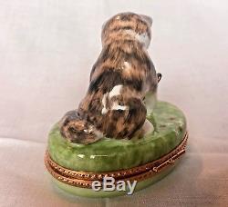 Limoges France -Rochard- Hand Painted Kitten playing with butterfly trinket box