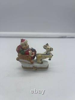 Limoges France Trinket Box Teddy Bear Santa on Sleigh with Reindeer Peint Main