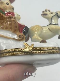 Limoges France Trinket Box Teddy Bear Santa on Sleigh with Reindeer Peint Main