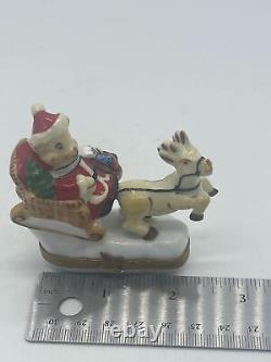 Limoges France Trinket Box Teddy Bear Santa on Sleigh with Reindeer Peint Main