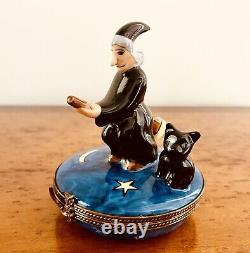 Limoges France Trinket Box Witch On Broom With Cat Halloween Numbered 4