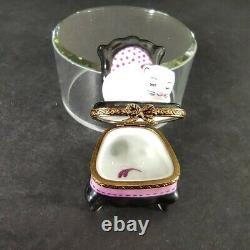 Limoges French Porcelain PV White Cat on Pink High Back Chair Trinket Box Signed