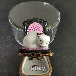 Limoges French Porcelain PV White Cat on Pink High Back Chair Trinket Box Signed