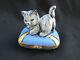 Limoges Gr France Grey Stripe Kitty Cat On Pillow With Mouse Trinket Box Signed